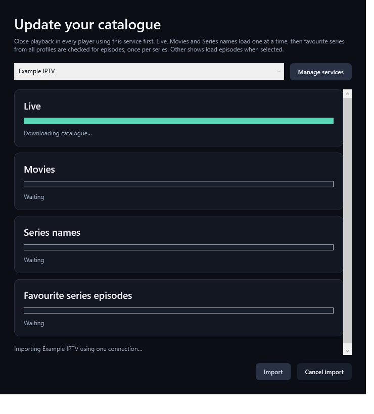 Catalogue update progress with Live, Movies, Series names and Favourite series episodes