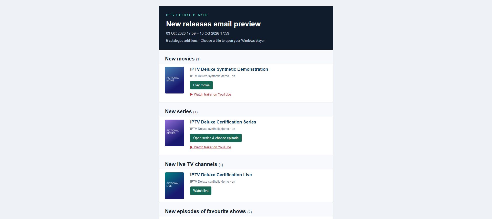 Fictional update email with Play movie, Open series, Watch live and favourite-episode buttons